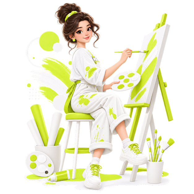 Illustration of an artist painting at an easel, surrounded by brushes, palettes and paint tubes.