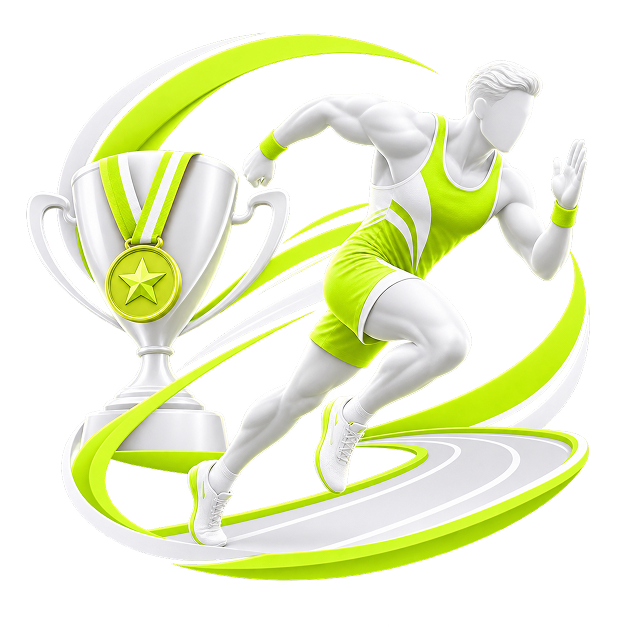 Illustration of a sprinter mid-stride on a curving track beside a trophy and a starred medal.
