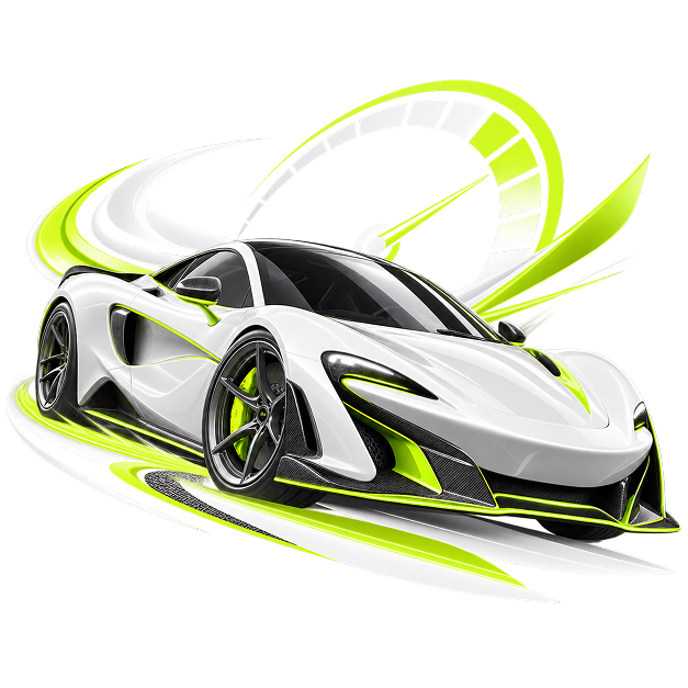 Illustration of a sports car on a curving track with a speedometer arc behind it.