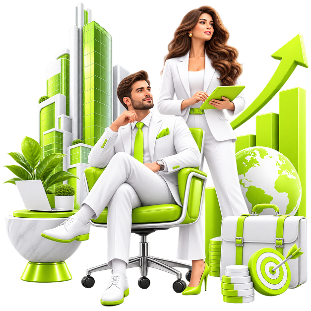 Illustration of two business owners in front of a city skyline, a rising bar chart, a globe and a briefcase.