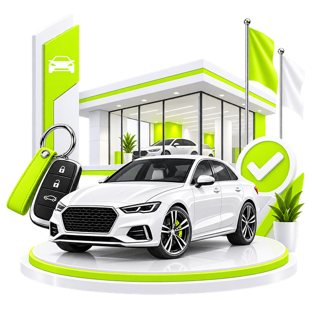 Illustration of a car on a display plinth outside a glass showroom, with a key fob and an approval tick beside it.