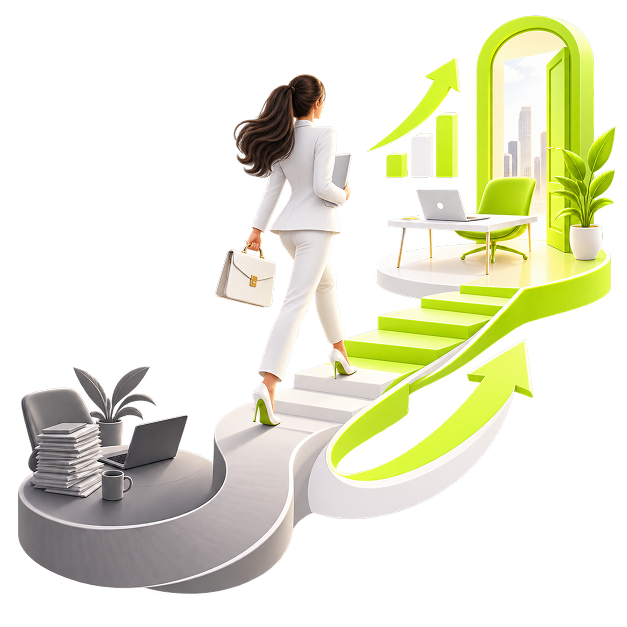Illustration of a professional walking up a staircase from a grey desk toward a bright new workspace.
