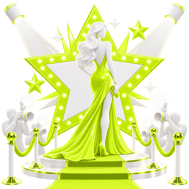 Illustration of a figure in a gown on a red-carpet plinth in front of a lit star, with photographers on either side.