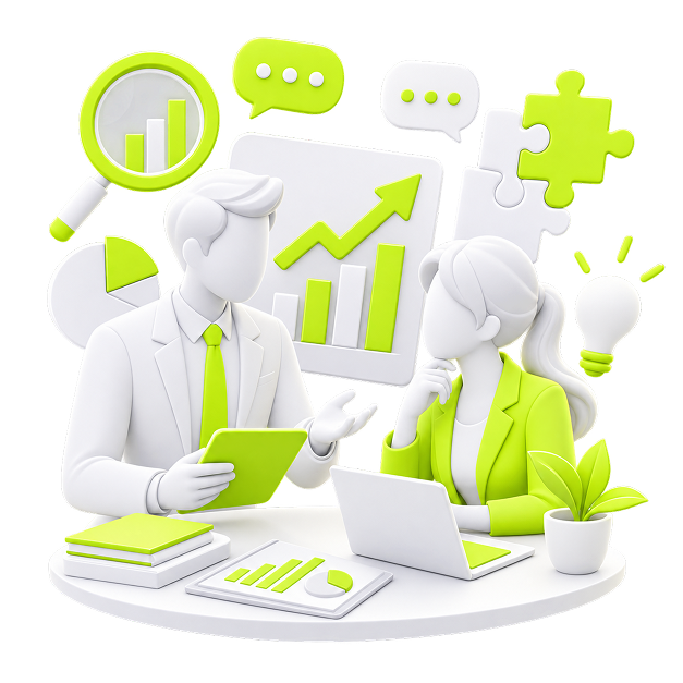 Illustration of two consultants reviewing a rising chart, with a magnifier, puzzle pieces and speech bubbles around them.