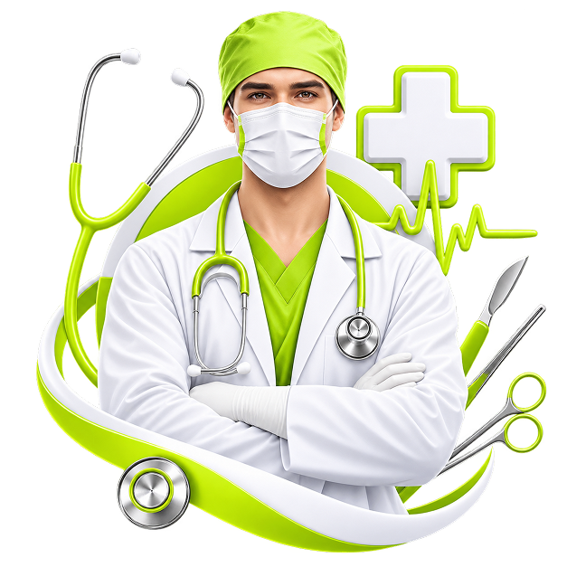 Illustration of a surgeon in a mask and coat with a stethoscope, a medical cross, a heartbeat line and surgical instruments.