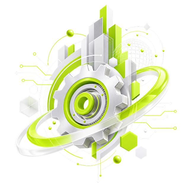 Illustration of a machined gear inside orbiting rings, with circuit traces and structural forms behind it.