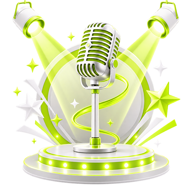 Illustration of a vintage microphone on a lit stage plinth between two spotlights, with stars around it.