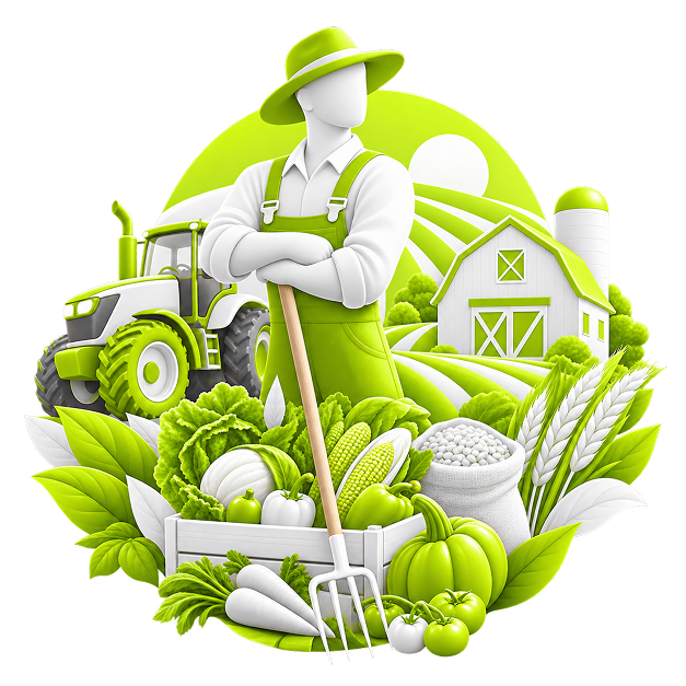 Illustration of a farmer with a pitchfork in front of a barn and tractor, with a crate of produce in the foreground.