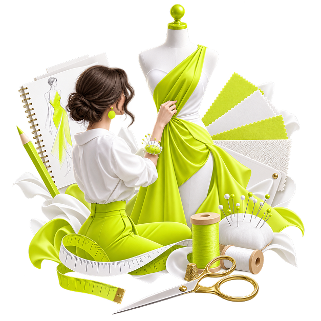 Illustration of a designer draping fabric on a dress form, with sketches, thread, pins, scissors and a tape measure.