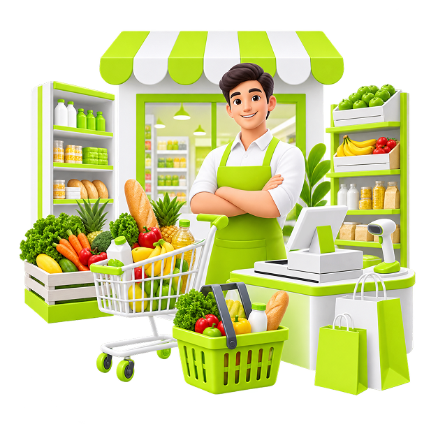 Illustration of a shopkeeper in an apron outside a store front, with stocked shelves, a full trolley and a till.