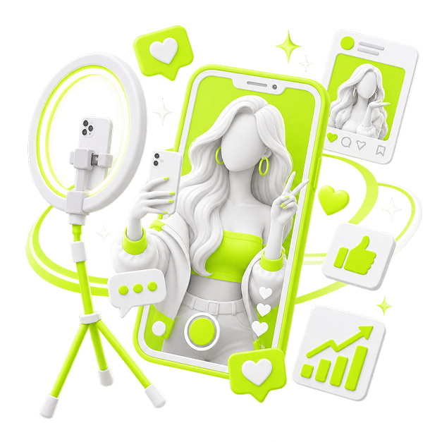 Illustration of a creator filming on a phone at a ring light, surrounded by like, comment and analytics cards.