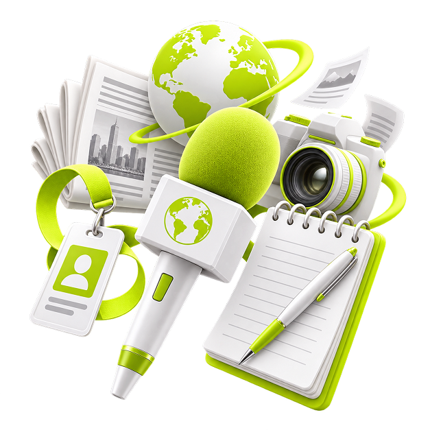 Illustration of a press microphone, notepad, camera, press pass, newspaper and globe.