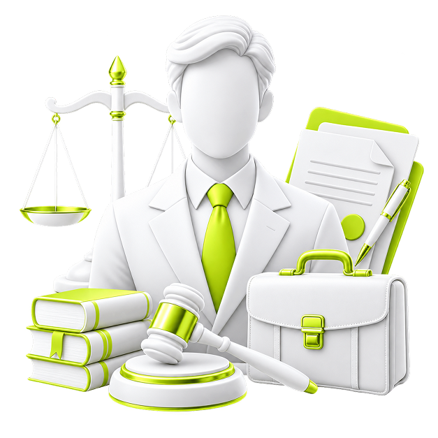 Illustration of a lawyer beside scales of justice, a gavel, law books, a briefcase and signed documents.