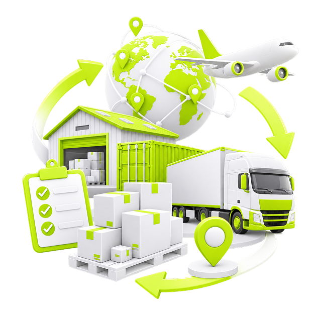 Illustration of a lorry, warehouse, shipping container, pallet of boxes and cargo plane circling a globe.