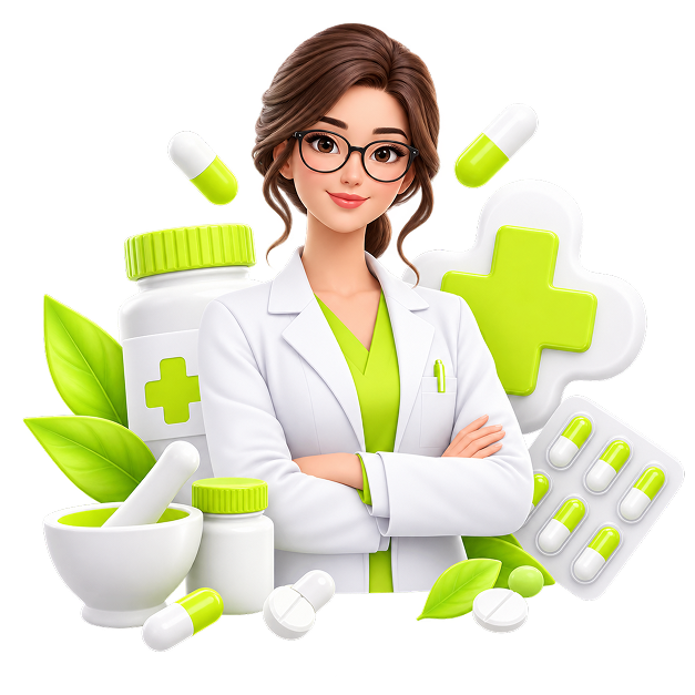 Illustration of a pharmacist in a lab coat among medicine bottles, blister packs, a mortar and pestle and a medical cross.