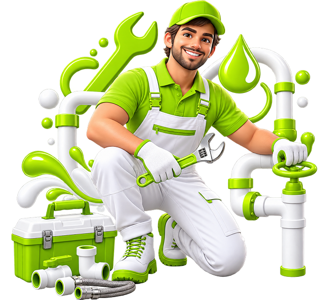 Illustration of a plumber holding a wrench and kneeling among pipework, fittings and a toolbox.