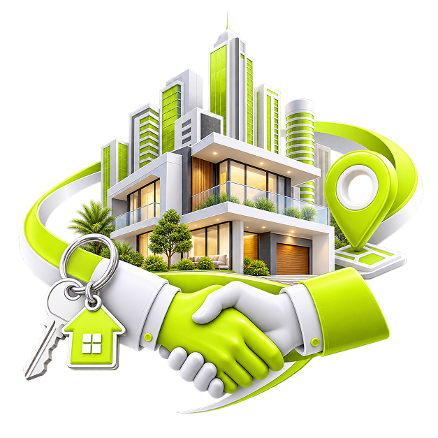 Illustration of a handshake in front of a modern property and a city skyline, with a key on a house keyring and a location pin on a map.