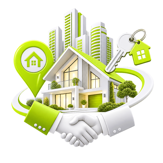 Illustration of a handshake in front of a house and a city skyline, with a house-shaped map pin and a key on a house keyring.