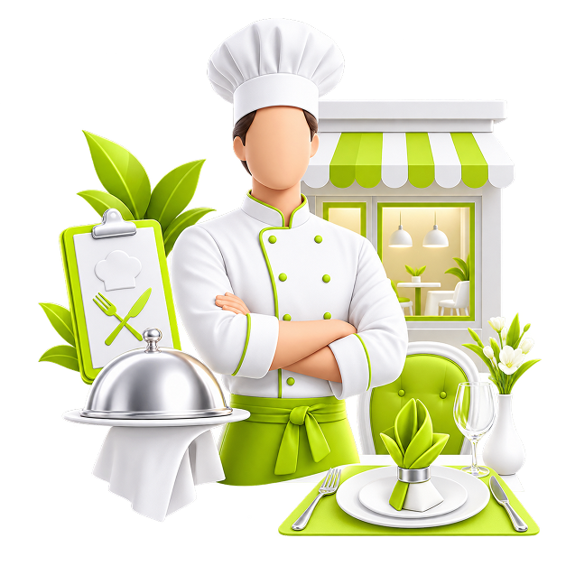 Illustration of a chef in front of a restaurant window, with a cloche, a laid table setting and a menu clipboard.