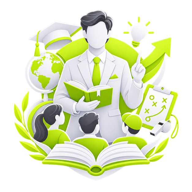 Illustration of an educator holding an open book in front of students, with a graduation cap, a globe, a whistle and a tactics board.