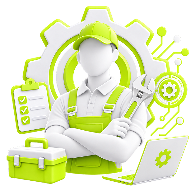 Illustration of a technician holding a spanner in front of a gear, with a toolbox, a checklist and a laptop.
