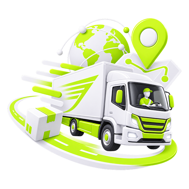 Illustration of a delivery lorry on a curving road with a globe, a route pin and a parcel.