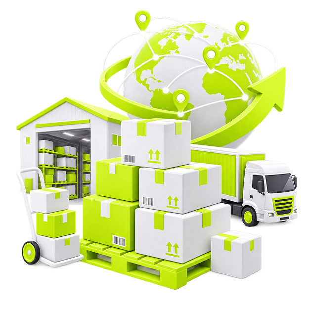 Illustration of a pallet of stacked cartons between a warehouse and a lorry, with a globe and trade routes above.