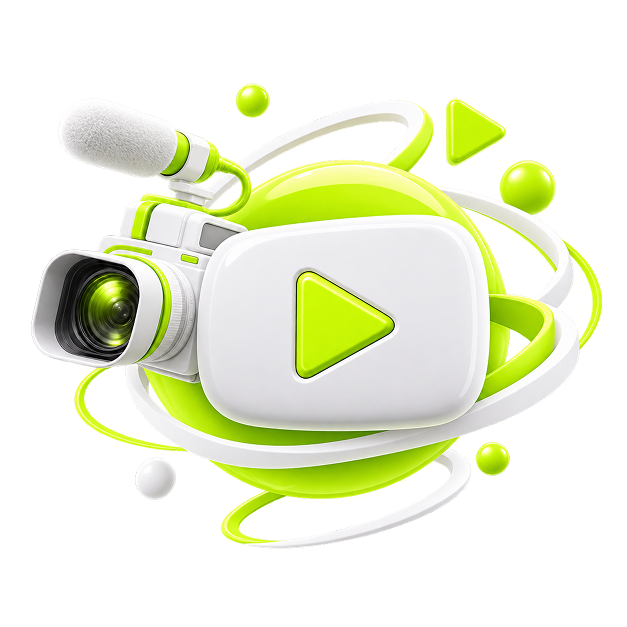 Illustration of a video camera beside a large play button, circled by orbiting rings.