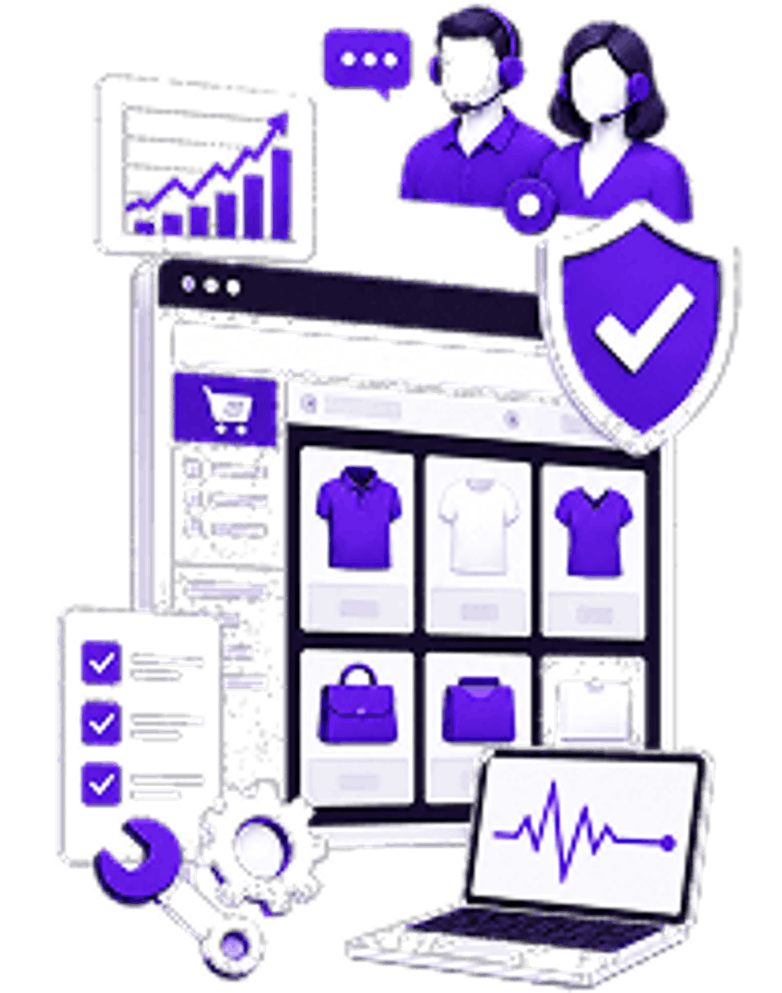 Illustration of a storefront under review: product listings on screen beside a performance chart, a compliance checklist, a live metrics readout, a support team and a shield.