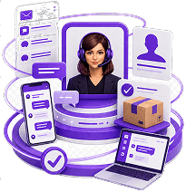 Illustration of customer contact being handled: an agent on screen surrounded by message threads, an email queue, a customer record, a returned parcel and a resolved mark.