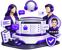 Illustration of a support desk at work: two agents either side of a queue of open conversations, a returns checklist, a customer rating and a resolved mark.