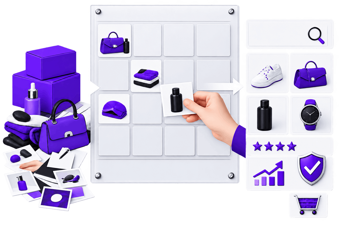 Illustration of a catalogue becoming a listing system: unpacked stock and loose product photographs on the left, a hand placing them into a structured grid, and the finished listing page with search, ratings, a performance chart and a cart on the right.