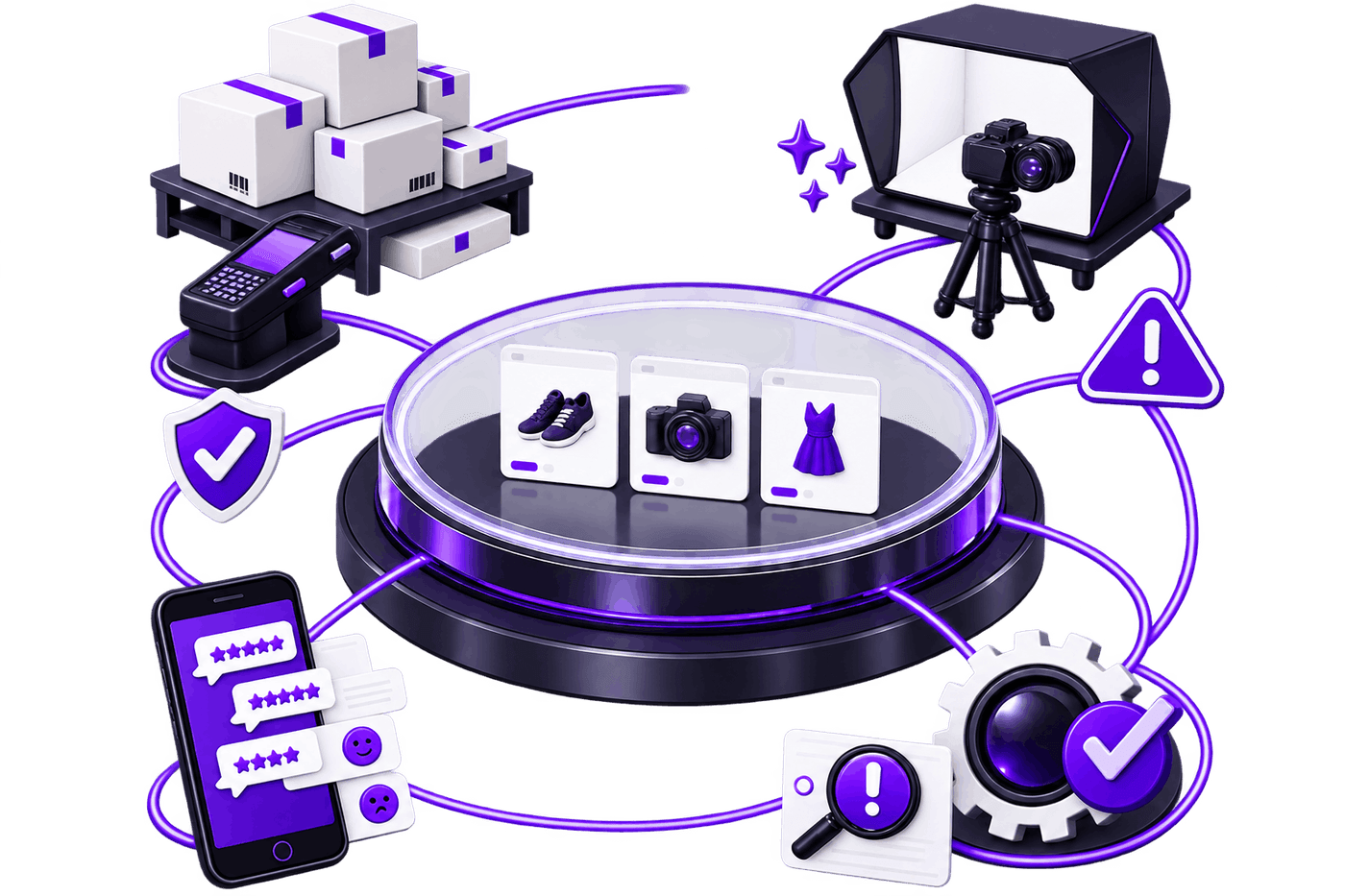 Illustration of listings connected to the rest of the store: three product listings on a platform linked to stock on pallets with a barcode scanner, a product photography setup, customer reviews on a phone, a compliance shield, a listing error flag and a corrected listing.
