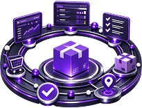 Illustration of an order moving through fulfilment: a parcel on a platform ringed by order screens, a picking checklist, a delivery pin and a confirmation mark.
