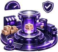 Illustration of dispatch being coordinated: stock on pallets, a warehouse, a parcel leaving a hub, a delivery van, a tracking pin and a dispatch-time gauge.