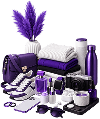 Illustration of a product range under consideration: a bag, trainers, folded clothing, a watch, earbuds, a camera and homeware laid out together.