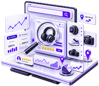 Illustration of product research in progress: a marketplace search, a product page under a magnifier, competitor prices and demand charts.