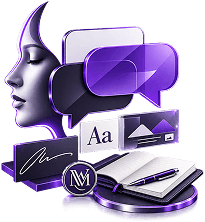 Illustration of a brand identity being assembled: speech bubbles, a type sample, a logo mark, a business card and a notebook.