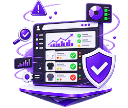 Illustration of a store being reviewed: a storefront dashboard with product rows, approval marks, a performance chart and a shield.