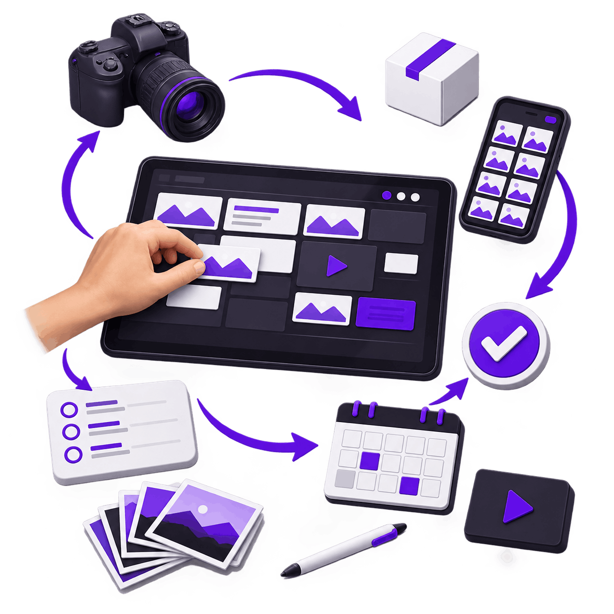 Illustration of a content cycle around a tablet: a camera, product samples, a phone, a shot list, photographs, a content calendar and a video file, with a hand arranging the assets and an approval mark beside them.