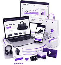 Illustration of store content in use: a product page on a laptop beside a performance dashboard, a product video on a phone, shopping bags and a parcel.