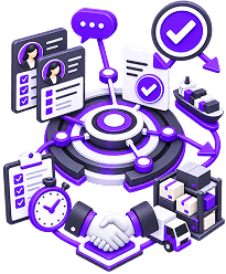 Illustration of supplier coordination: supplier profiles, an approval checklist, a handshake, stocked pallets, a delivery van and a container ship.