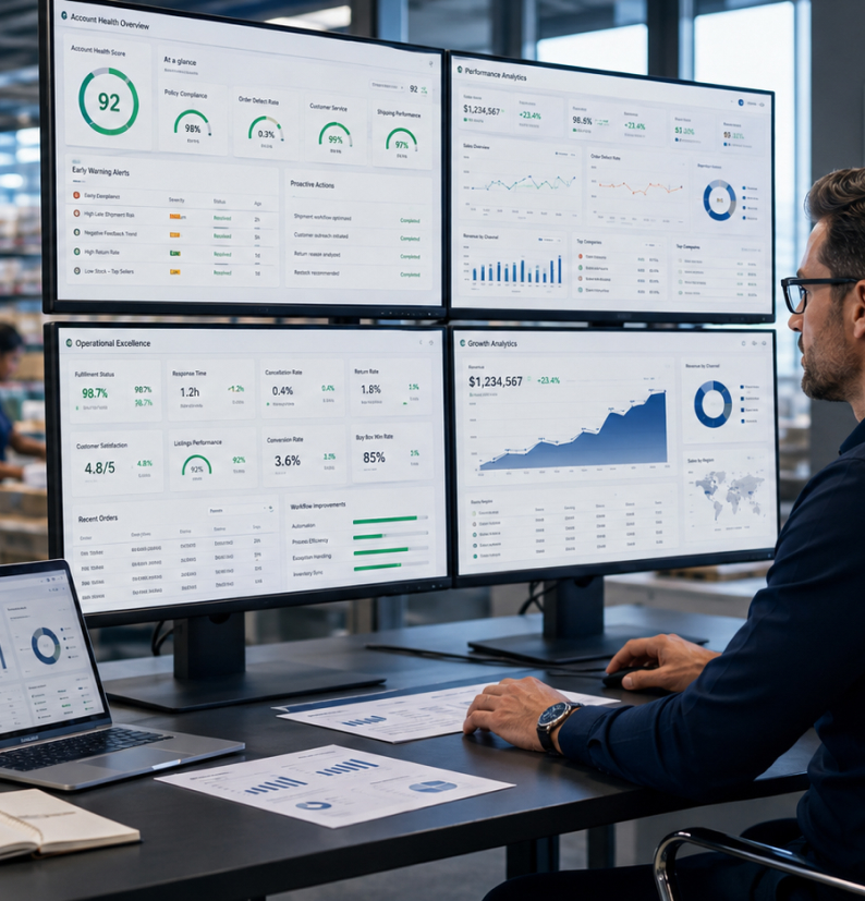Four screens showing an account health score, policy compliance, early warning alerts and growth analytics, reviewed from a desk in a warehouse office.