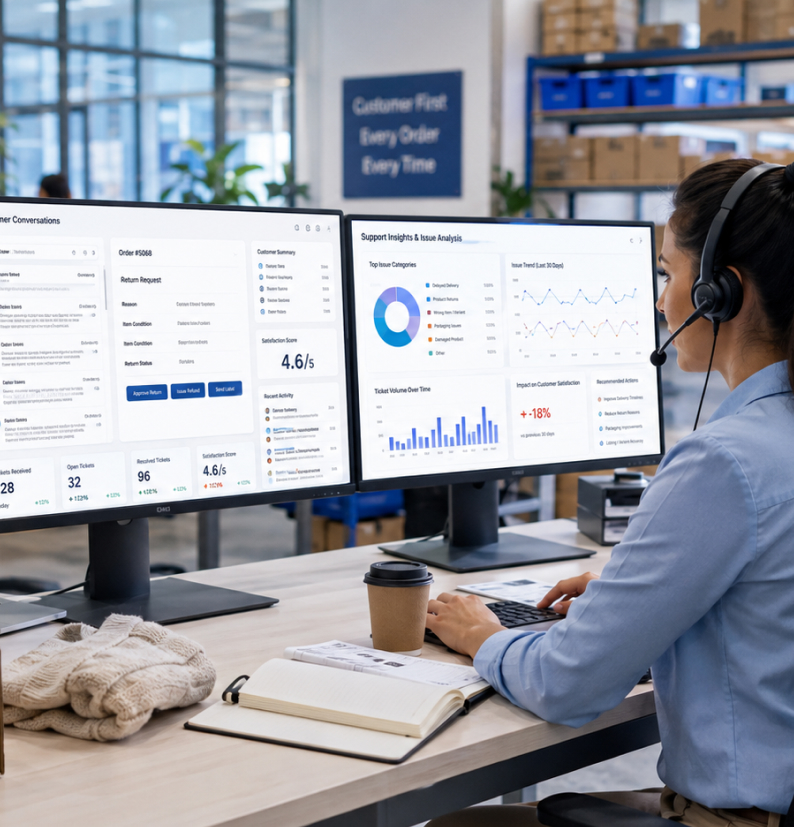 A support agent on a headset working a queue of customer conversations and a return request, with satisfaction and issue-trend charts on a second screen.