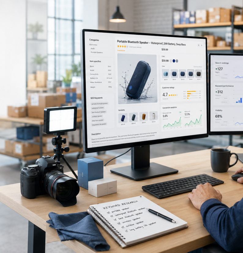 A marketplace product listing on screen with item specifics, variants and keyword research beside a camera and product samples set up for photography.