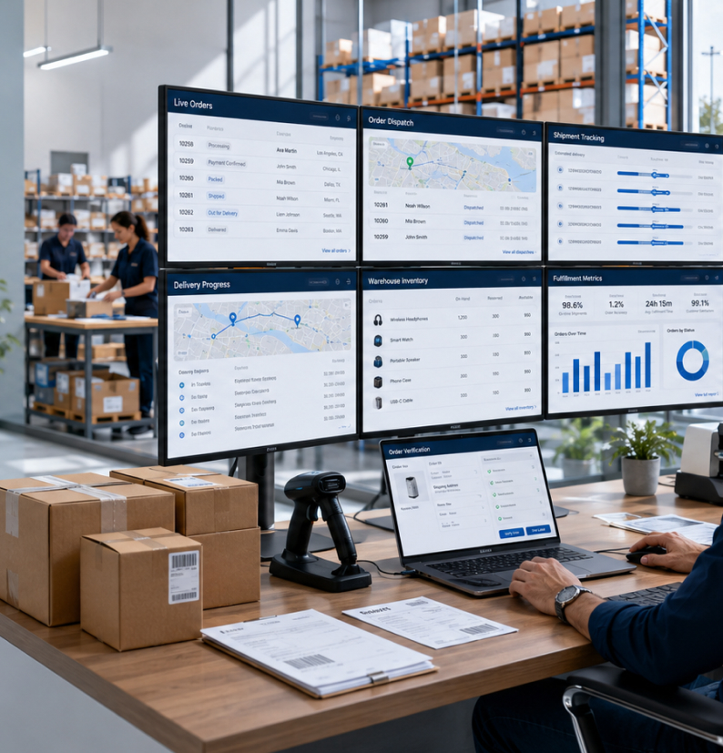 A wall of screens showing live orders, dispatch, shipment tracking and fulfilment metrics above a packing bench with labelled parcels and a barcode scanner.
