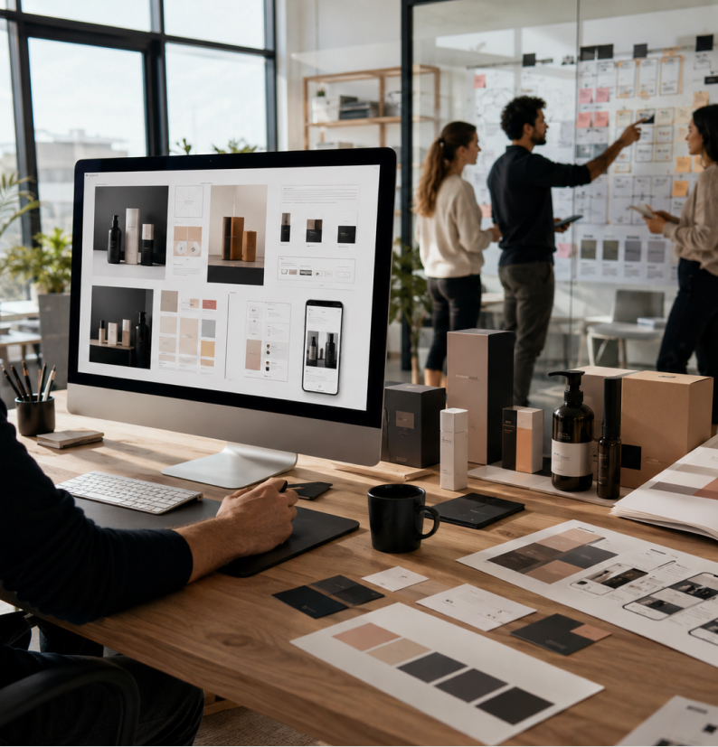 A brand board and storefront layouts on screen beside packaging samples and printed colour boards, with a team reviewing the same designs on the wall behind.