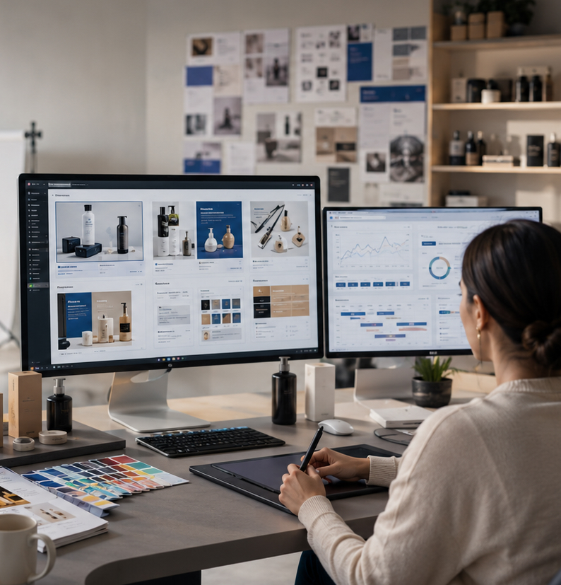 A designer laying out store and campaign content on one screen with performance charts on another, product samples and a mood board around the desk.