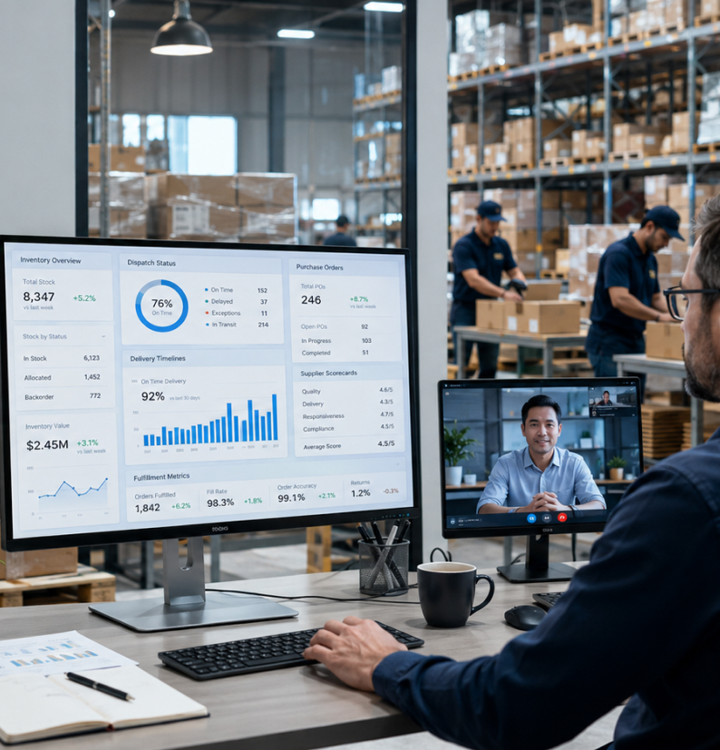 A stock and purchase-order dashboard with supplier scorecards on screen, a supplier call on a second monitor and a warehouse team packing behind.