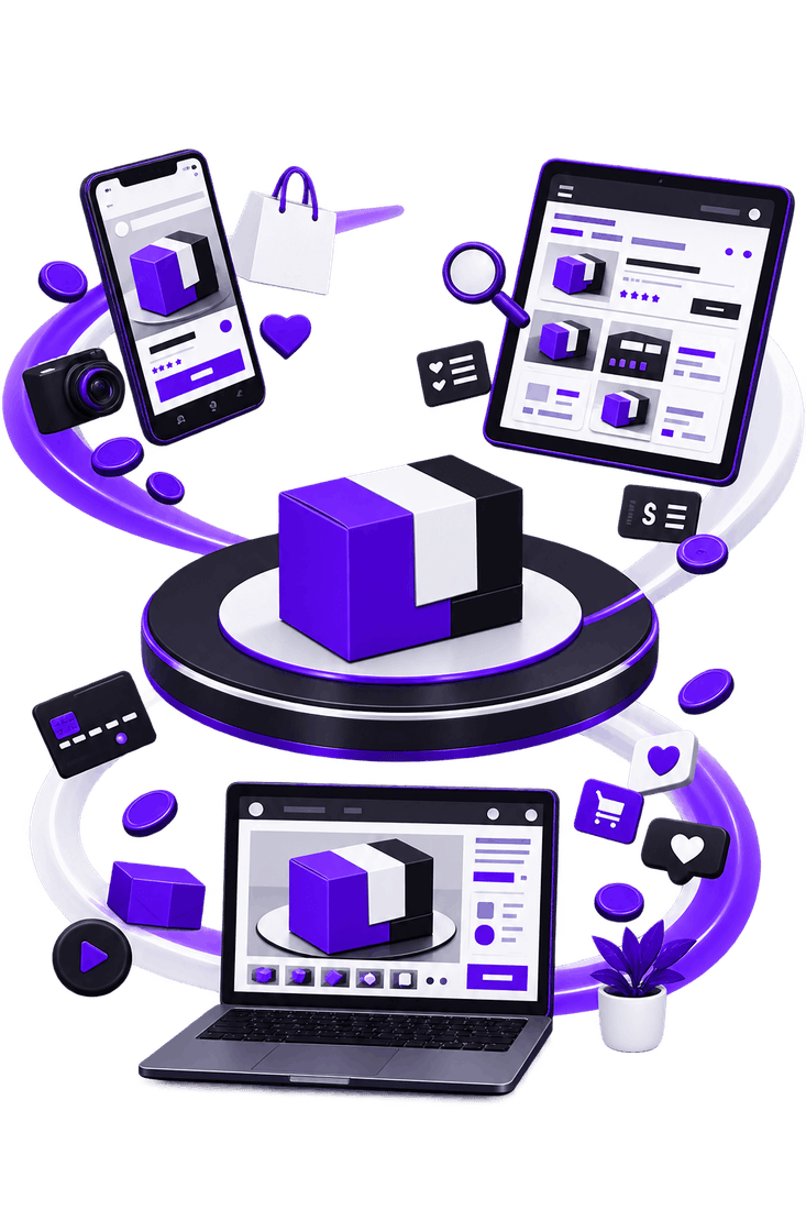 Illustration of one product kept selling across channels: the same item on a platform, in a storefront listing on a tablet under a magnifier, in a phone post and on a laptop product page, with card payments and coins around it.